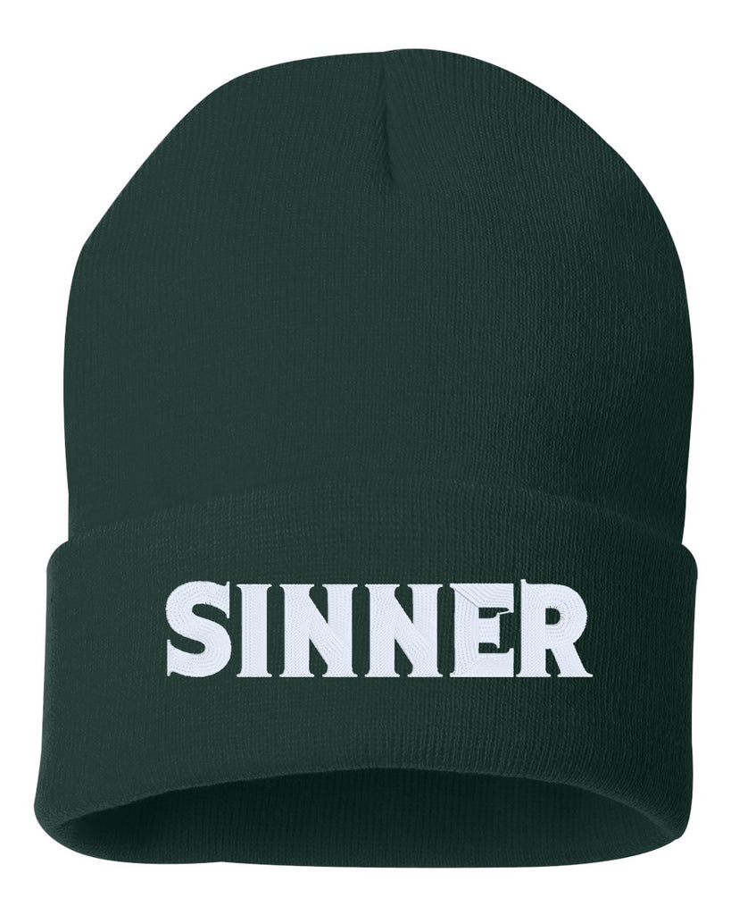 sinner embroidered cuffed beanie hat