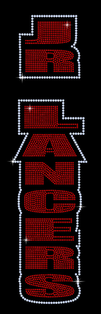 jr lancers competition cheer black legging pants w/ 2 color spangle logo down leg.