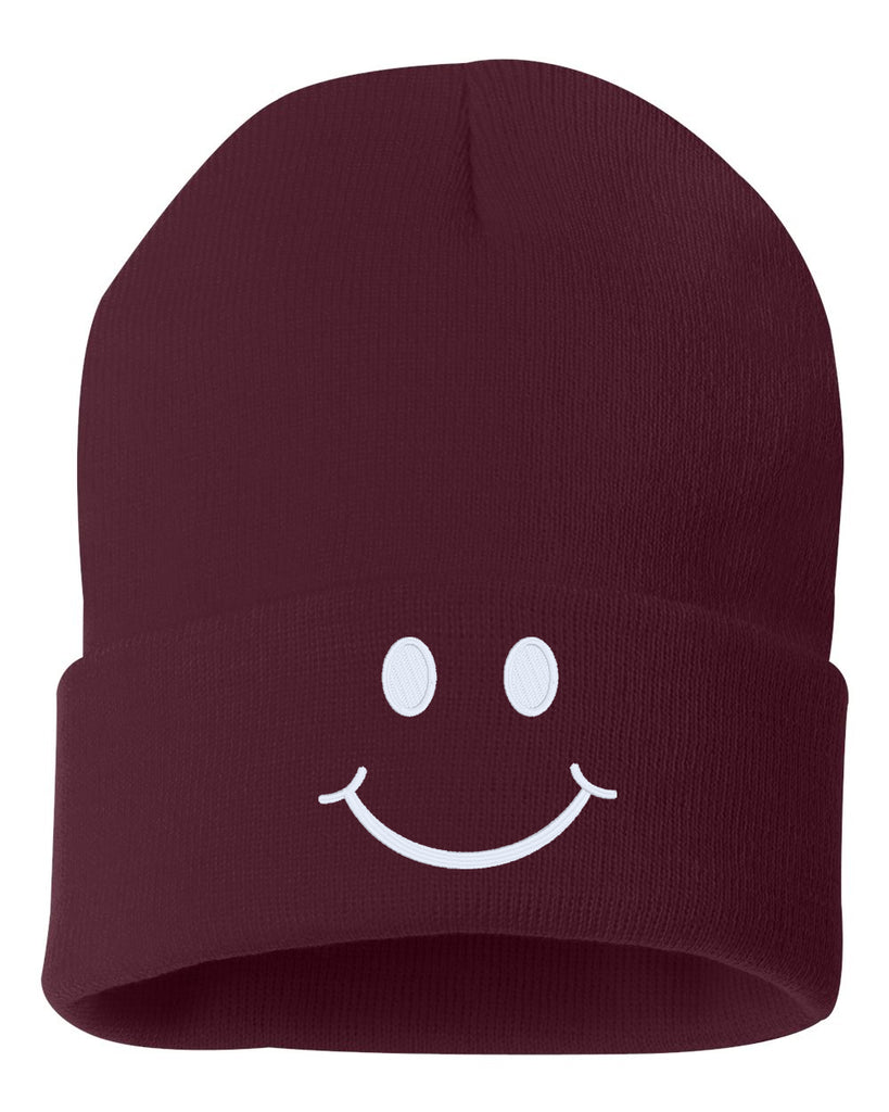 smile face embroidered cuffed beanie hat