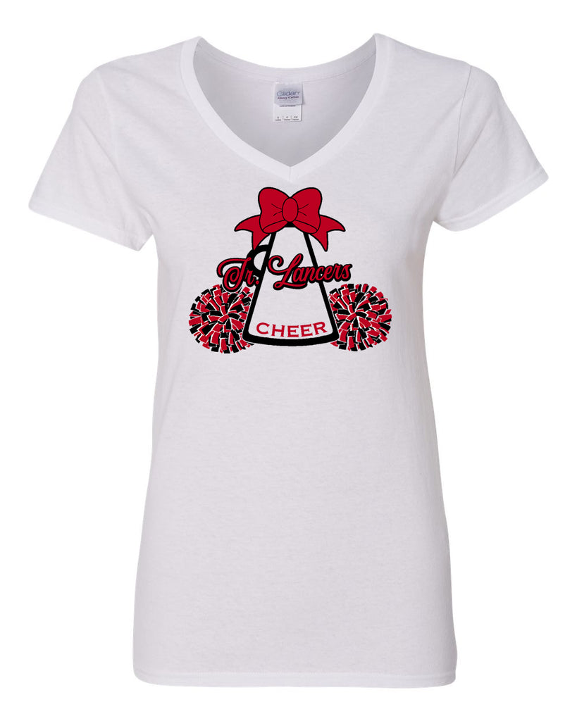 jr lancers competition cheer heavy cotton white shirt w/ mega bow 2 color design on front.