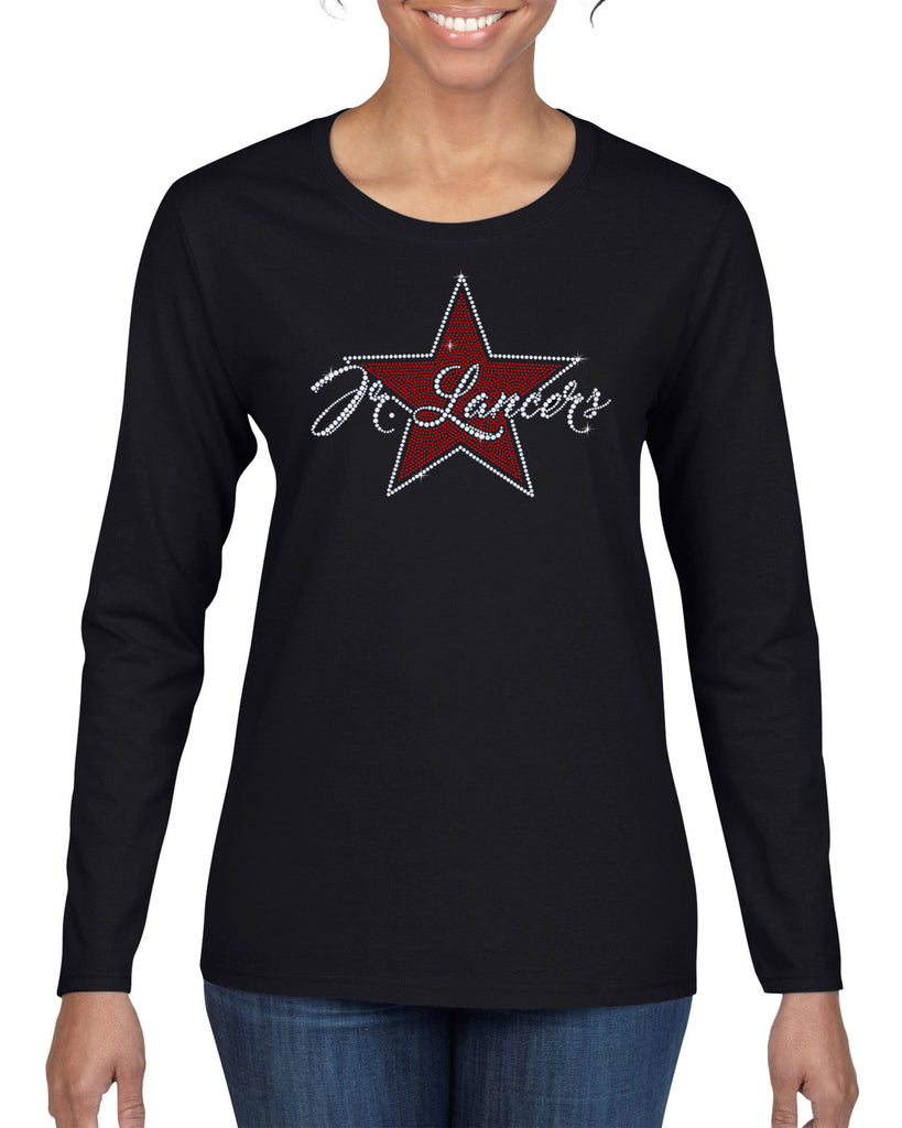 jr lancers competition cheer heavy cotton black shirt w/ spangle star design on front.