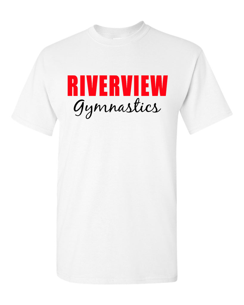 riverview gymnastics short sleeve t-shirt w/ 2 color design on front.