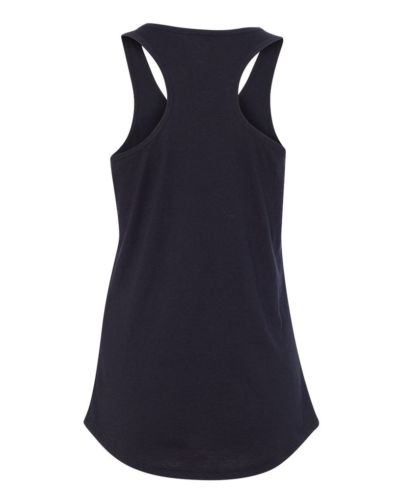 flfa black next level - women's ideal racerback tank - 1533  w/ flfa cutters cheer logo in spangle on front