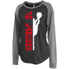 jr lancers competition cheer black jersey raglan crewneck shirt w/ 2 color cheerleader design on front.