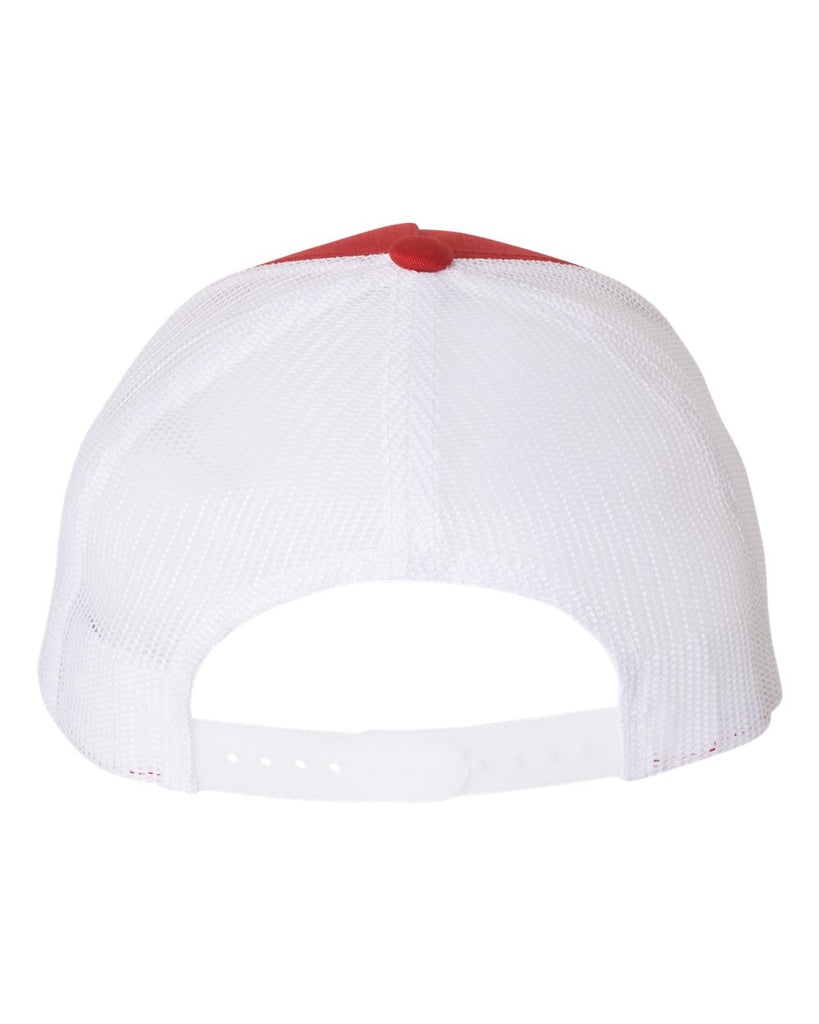 bloomingdale pta red & white five-panel retro trucker cap - 6506 w/ bloom b design embroidered on front.