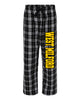 west milford highlanders black & white flannel pj style pants w/ black & athletic gold print down leg.