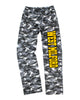 west milford highlanders black & white camo flannel pj style pants w/ black & athletic gold print down leg.