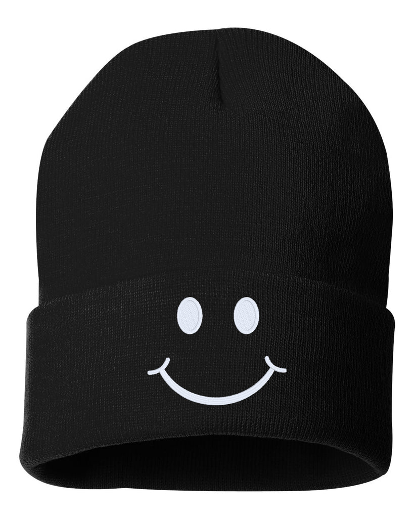smile face embroidered cuffed beanie hat