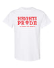 heights white short sleeve tee w/ heights pride design in red on front.