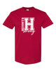 heights red short sleeve tee w/ heights strong design in white on front.