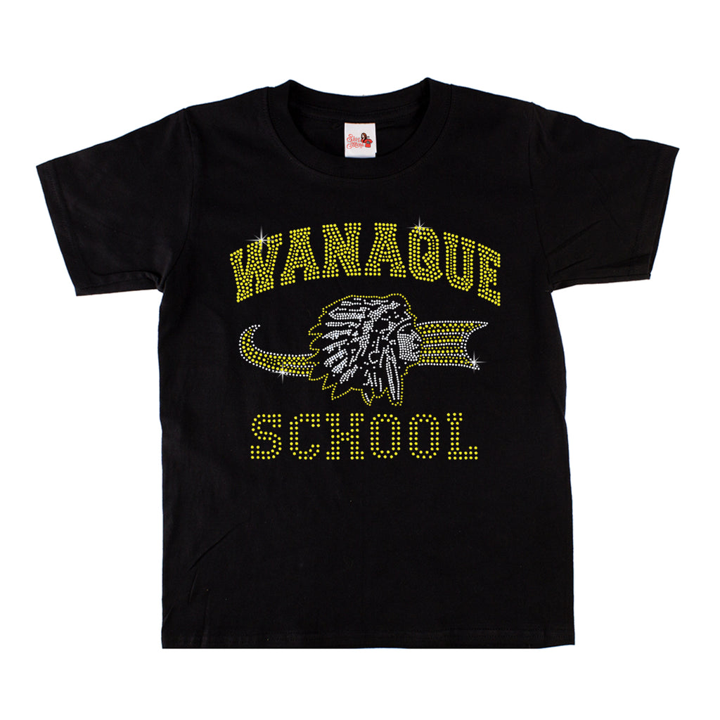 wanaque  black short sleeve tee w/ wanaque school "old style" logo in spangle on front. style #2
