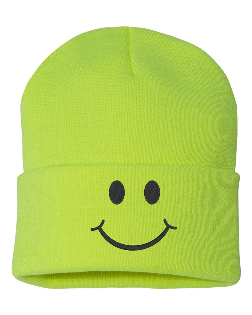 smile face embroidered cuffed beanie hat