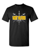 west milford fencing black short sleeve tee w/ wm crossed swords design on front.